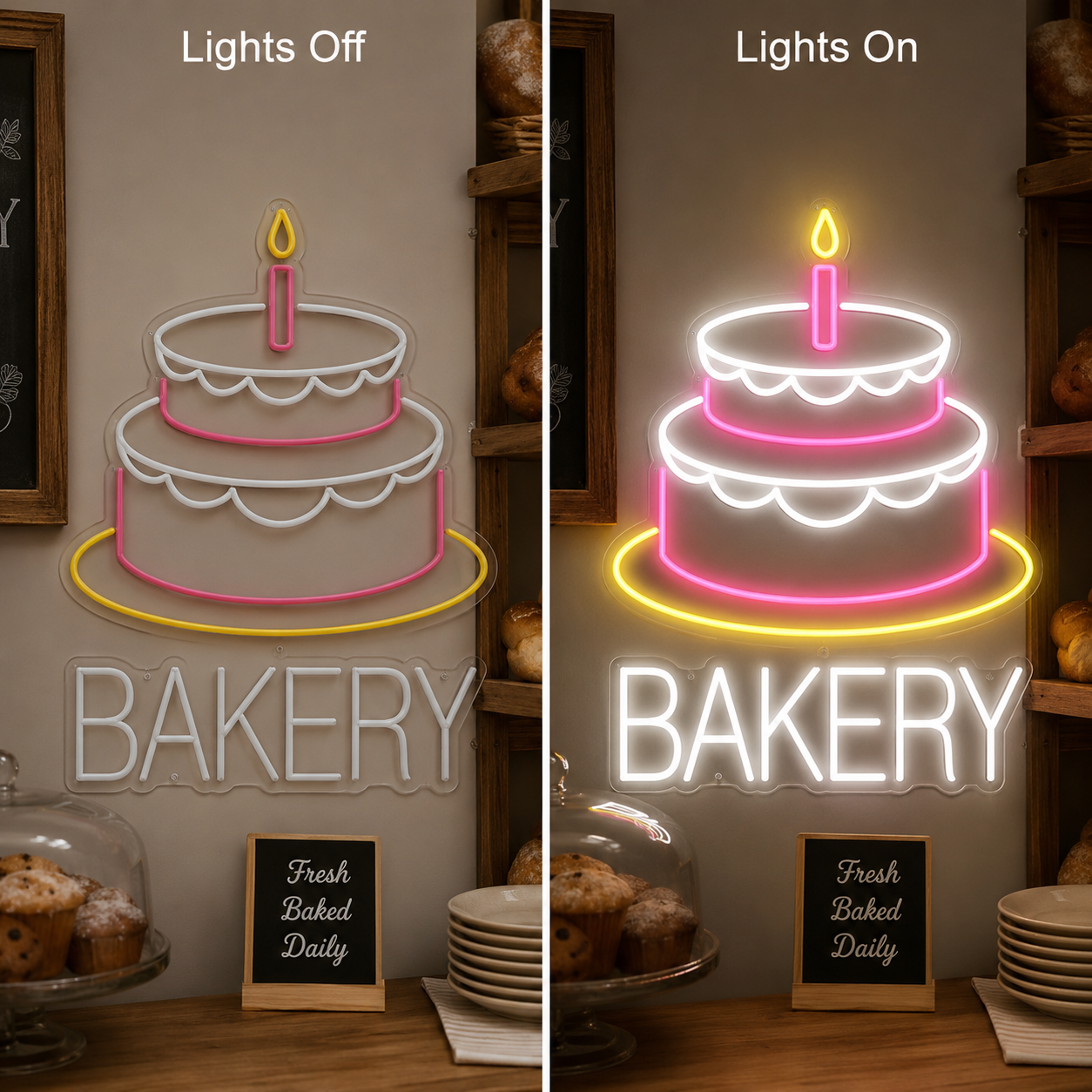 Bakery Wall Decor LED Neon Sign - 06 Day Night Comparison