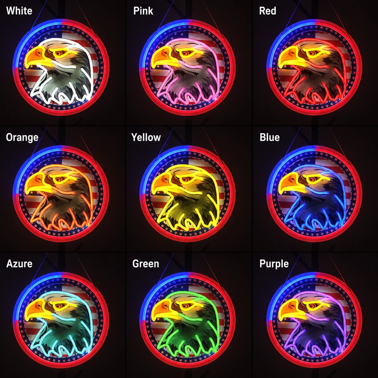 Bald Eagle With American Flag Circle LED Neon Sign day and night comparison