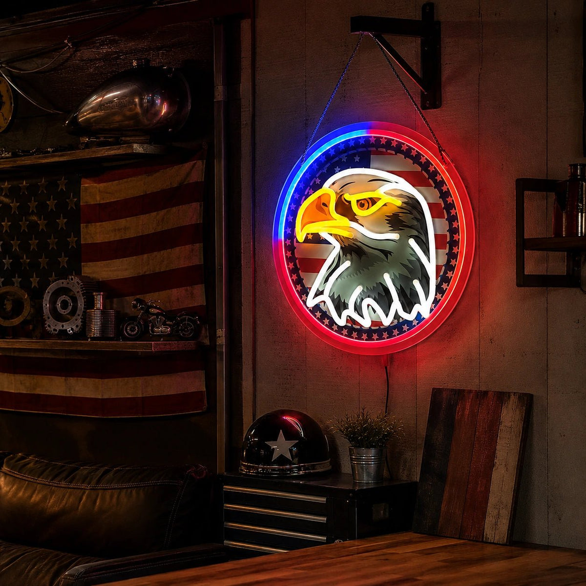 Bald Eagle With American Flag Circle LED Neon Sign - Shineneon