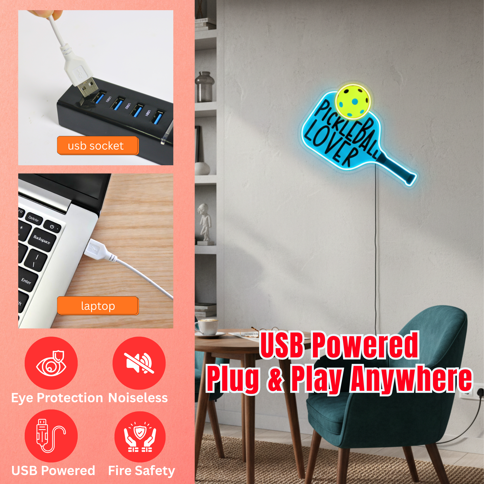 ShineNeon™ Pickleball Lover LED Sign - Vibrant Blue & Yellow Court Wall Decor - Size and dimension reference