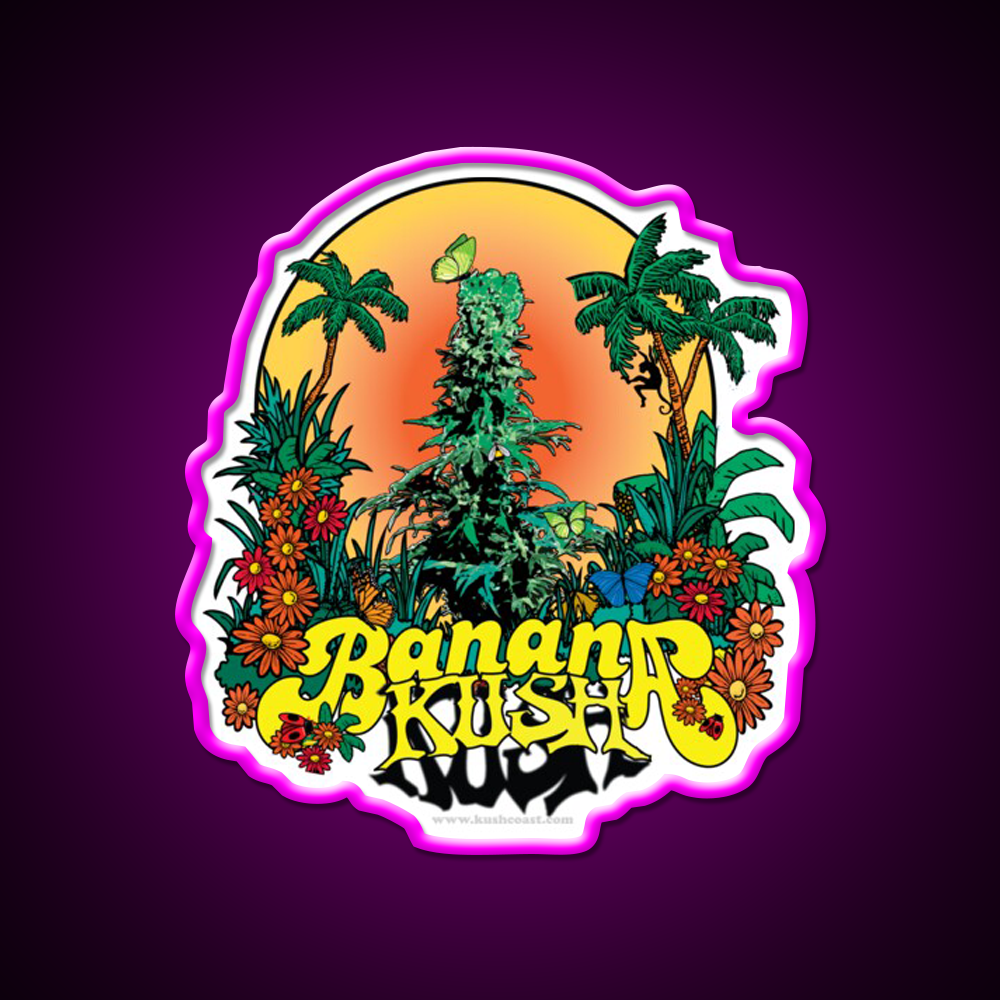 Banana Kush Strain Art Hemp Inspired Green Leaf Led Neon Sign Rgb Color - Neon sign mounted on wall in room