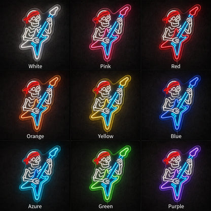 Bandana Skeleton Guitar LED Neon Sign day and night comparison