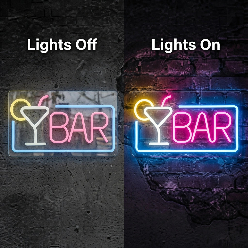 Bar Business LED Neon Sign Wall Art - 06 Day Night Comparison