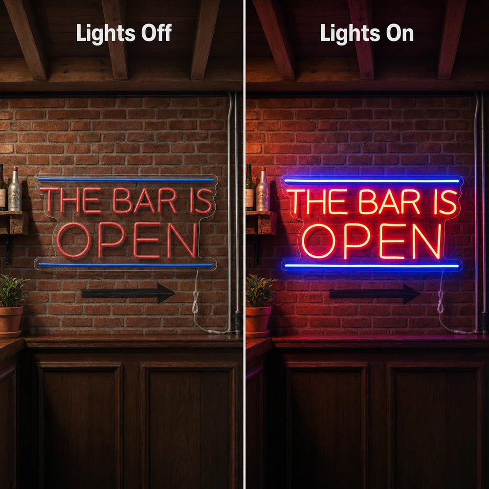 Bar Is Open Neon Sign Wall Art LED Neon Sign day and night comparison