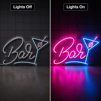 Bar Martini Glass LED Neon Sign day and night comparison