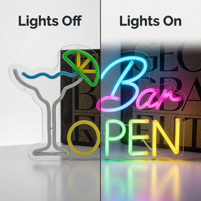 Bar Open Business LED Neon Sign - 06 Day Night Comparison
