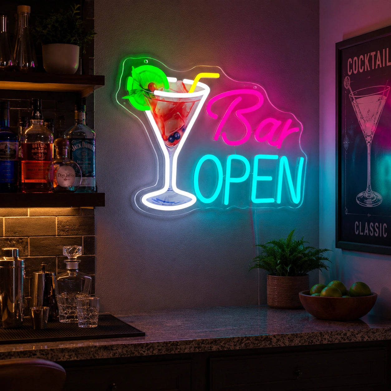 Bar Open Cocktail Glass Man Cave LED Neon Sign size image