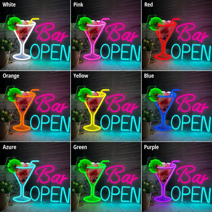 Bar Open Cocktail Glass Man Cave LED Neon Sign - Shineneon