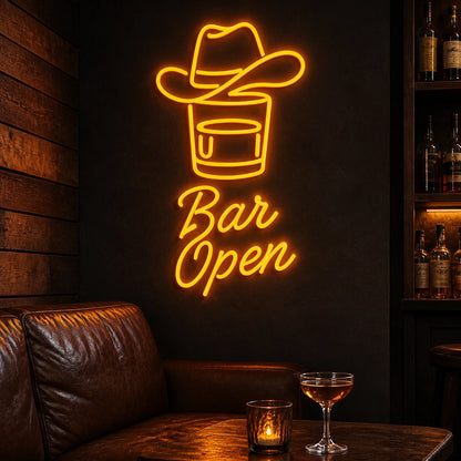 Bar Open Cowboy Hat Whiskey Vintage LED Neon Sign real lifestyle scene