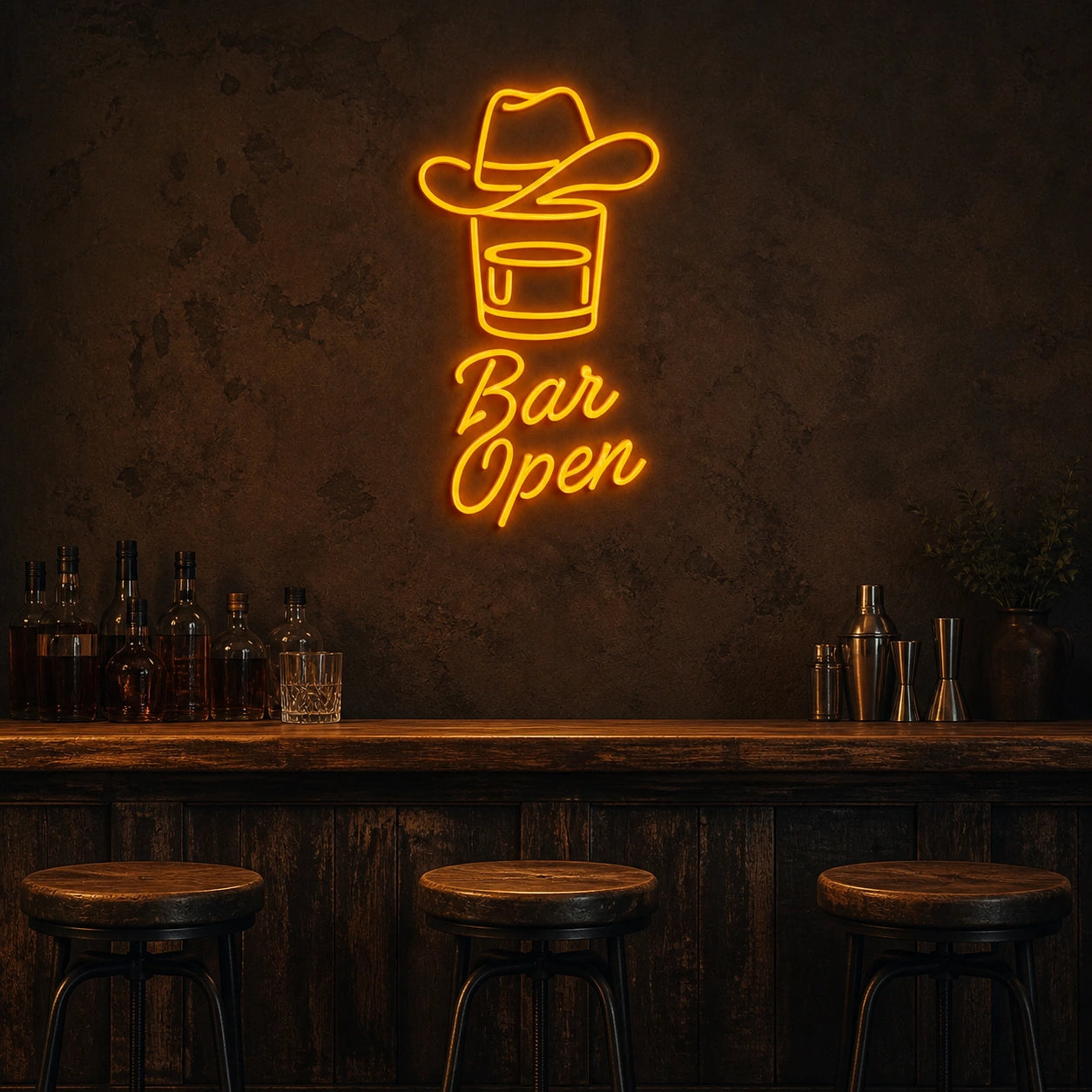 Bar Open Cowboy Hat Whiskey Vintage LED Neon Sign size image