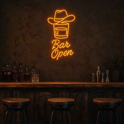 Bar Open Cowboy Hat Whiskey Vintage LED Neon Sign size image