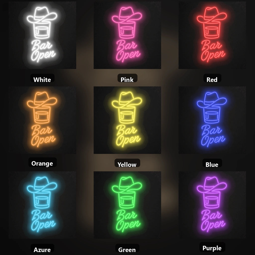 Bar Open Cowboy Hat Whiskey Vintage LED Neon Sign color grid
