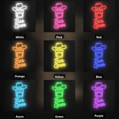 Bar Open Cowboy Hat Whiskey Vintage LED Neon Sign color grid
