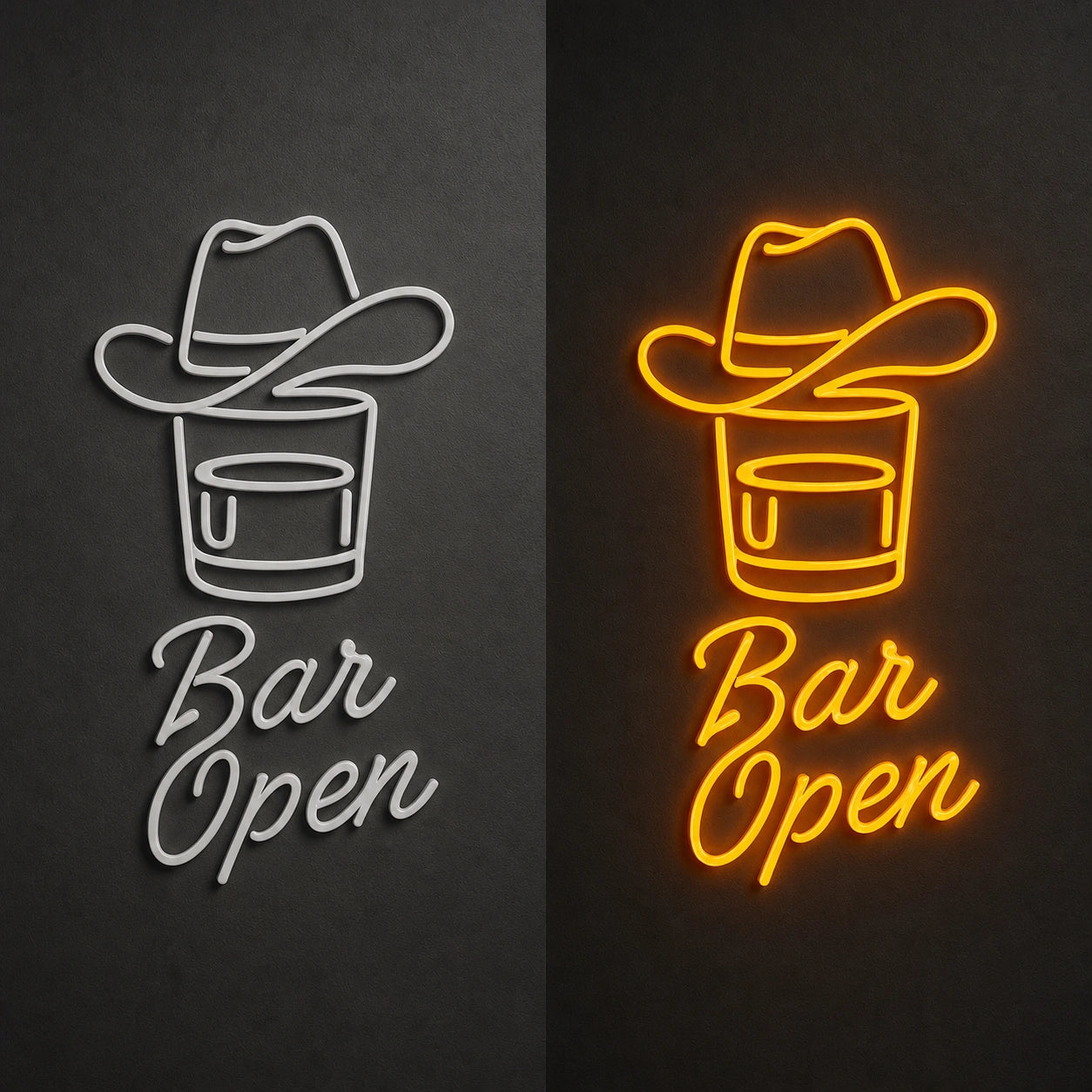 Bar Open Cowboy Hat Whiskey Vintage LED Neon Sign day and night comparison