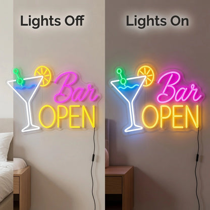 Bar Open LED Neon Sign Home Wall Art - 06 Day Night Comparison