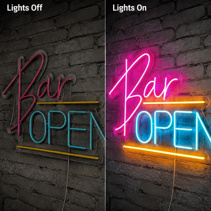 Bar Open LED Neon Sign Wall Art - 06 Day Night Comparison