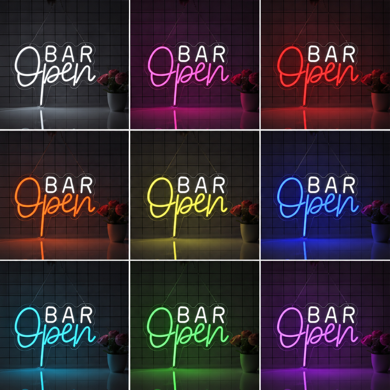 Bar Open On The Side Of A Wall Next To A Potted Plant LED Neon Sign color grid