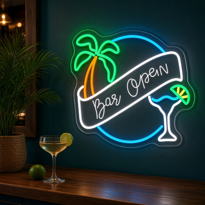 Bar Open Palm Tree Cocktail Banner LED Neon Sign