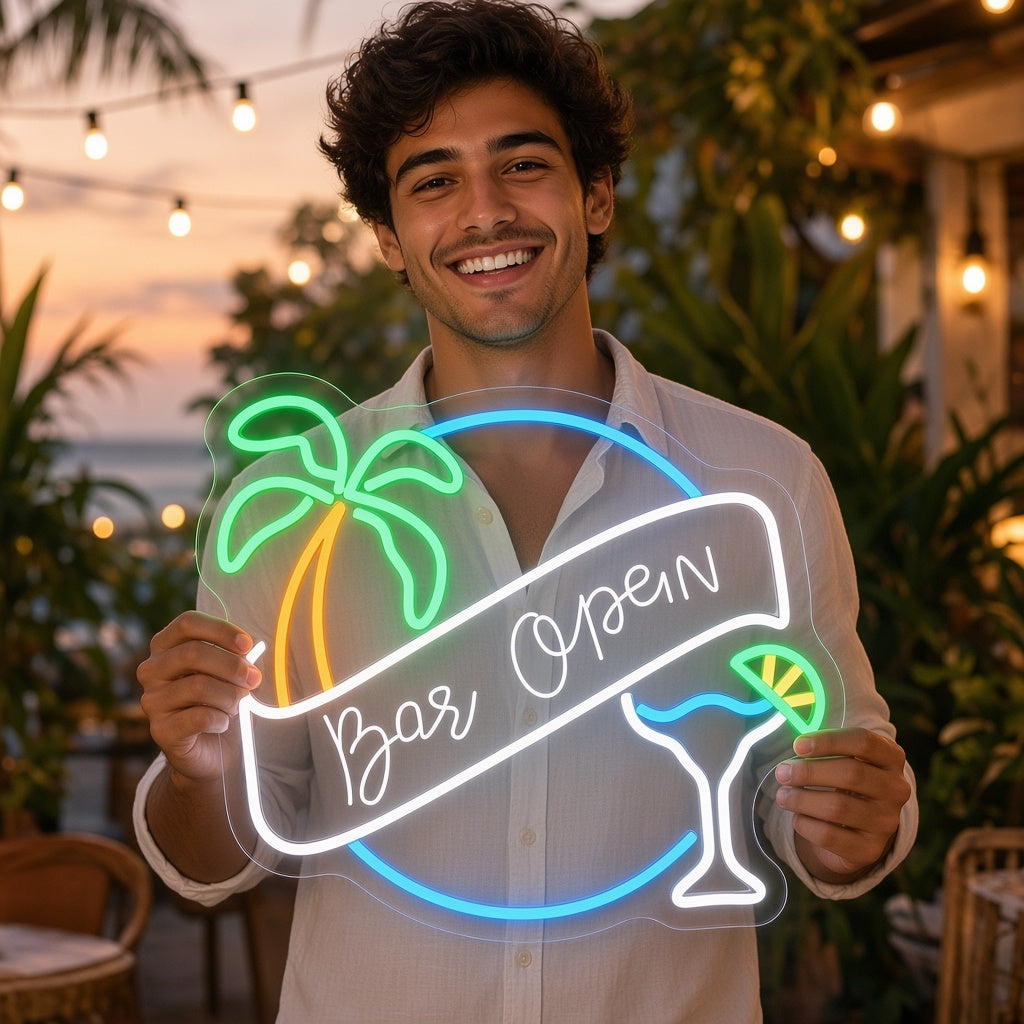 Bar Open Palm Tree Cocktail Banner LED Neon Sign
