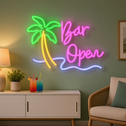 Bar Open Palm Tree LED Neon Sign