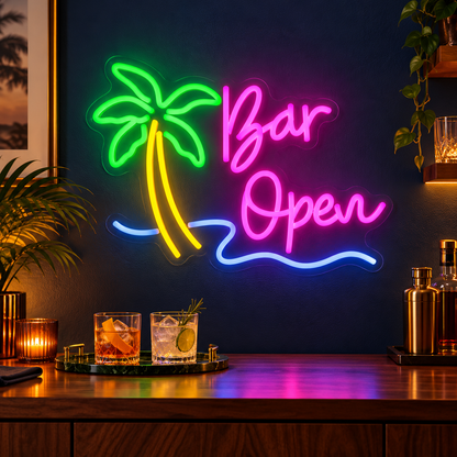Bar Open Palm Tree Wave LED Neon Sign