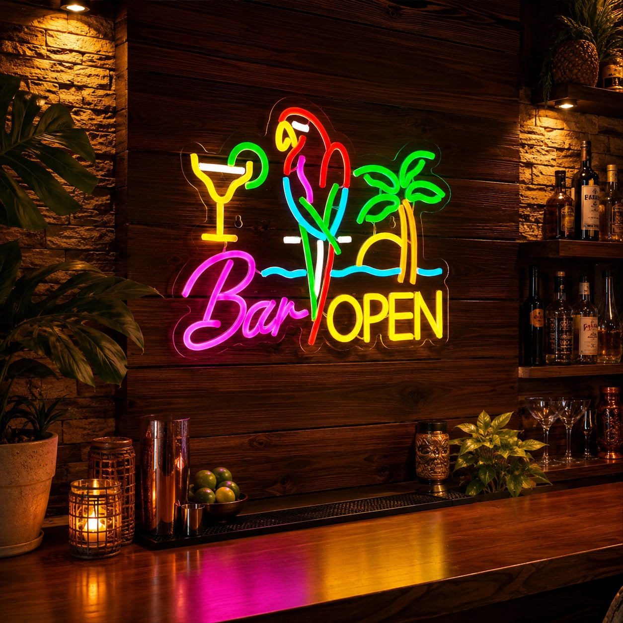 Bar Open Parrot Palm LED Neon Sign real lifestyle scene