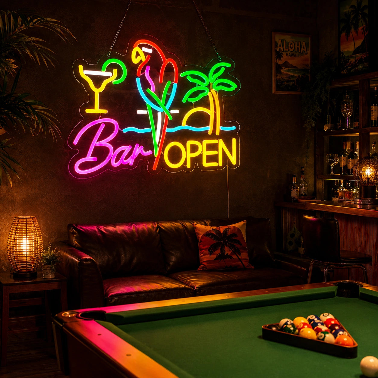 Bar Open Parrot Palm LED Neon Sign size image