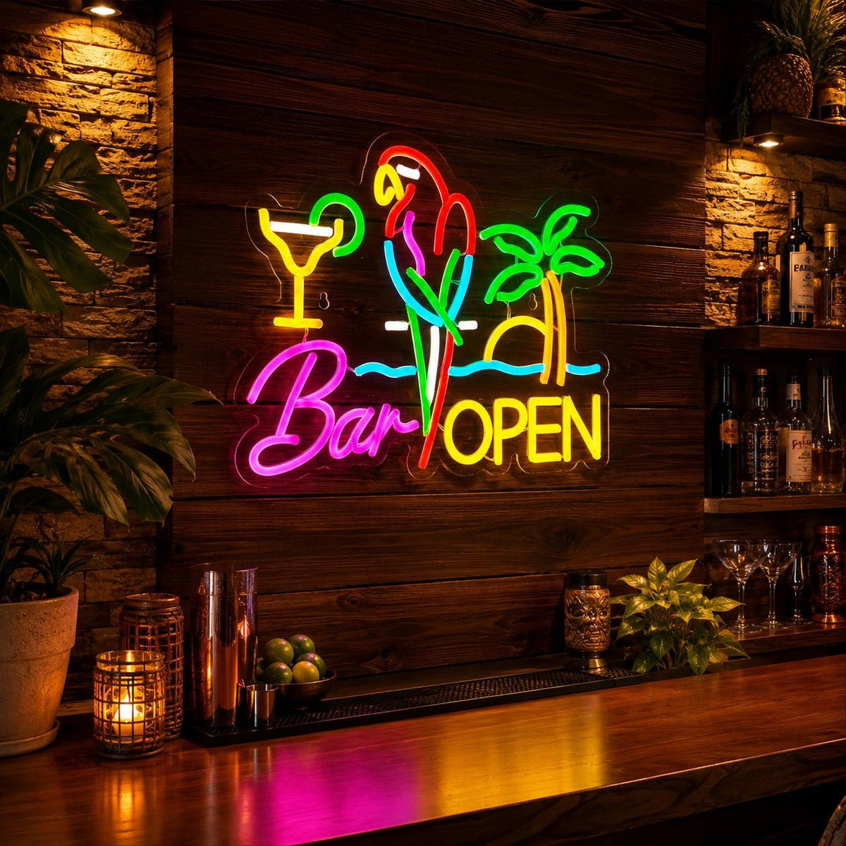 Bar Open Parrot Palm LED Neon Sign - Shineneon