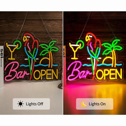 Bar Open Parrot Palm LED Neon Sign - Shineneon