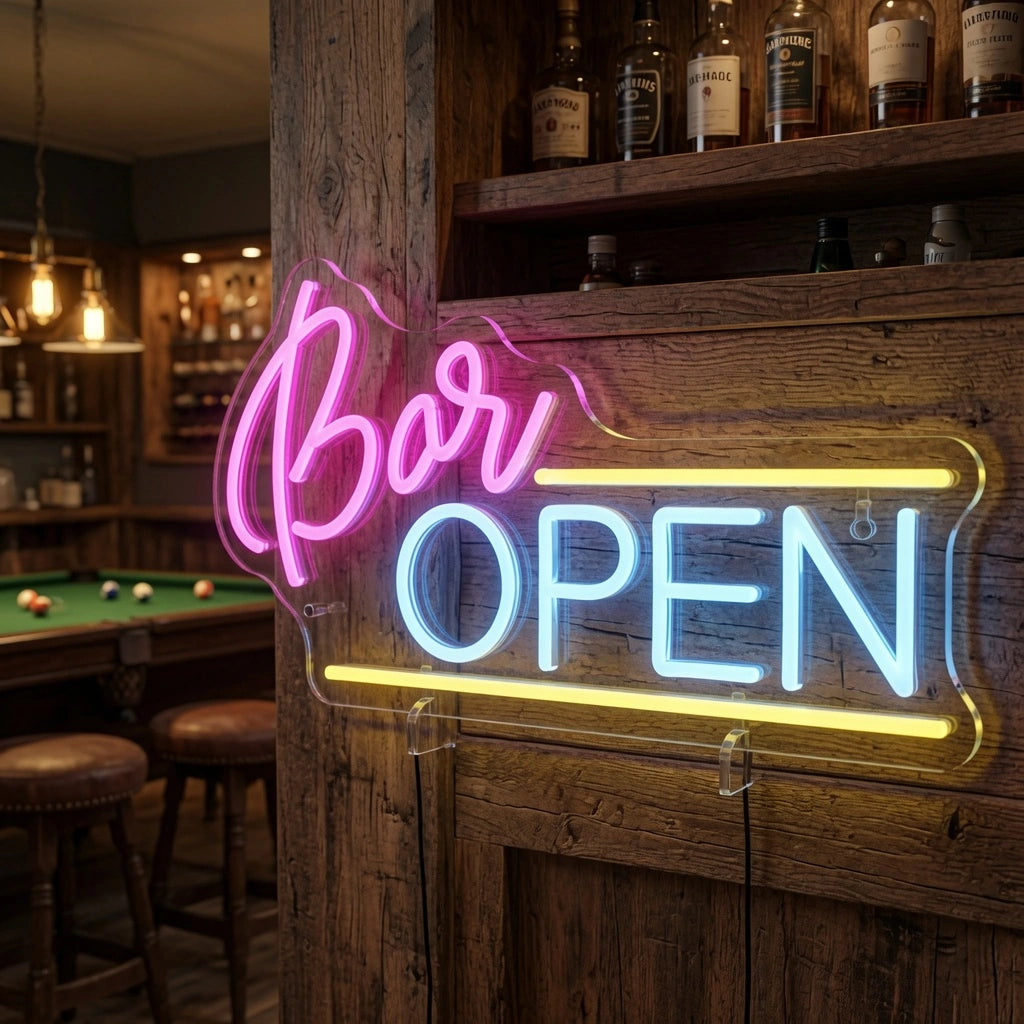 Bar Open Surrounded By Diced Cubes Business LED Neon Sign - 03 Real Lifestyle Scene