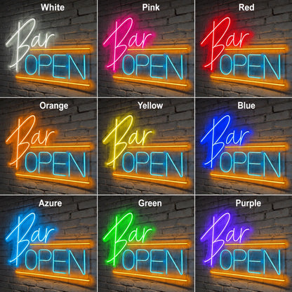 Bar Open Underline LED Neon Sign day and night comparison