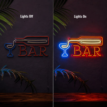 Bar Wine Glass LED Neon Sign - 06 Day Night Comparison