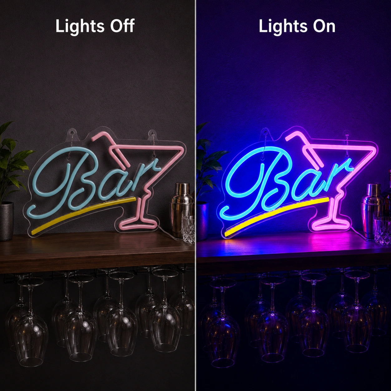 Bar Wine Shelf LED Neon Sign - 06 Day Night Comparison