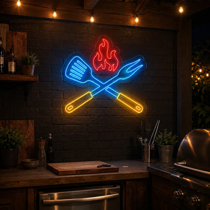 Barbecue Spatula Fork And Flame LED Neon Sign real lifestyle scene