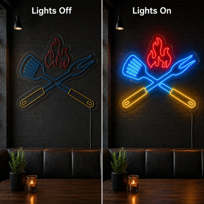 Barbecue Spatula Fork And Flame LED Neon Sign day and night comparison