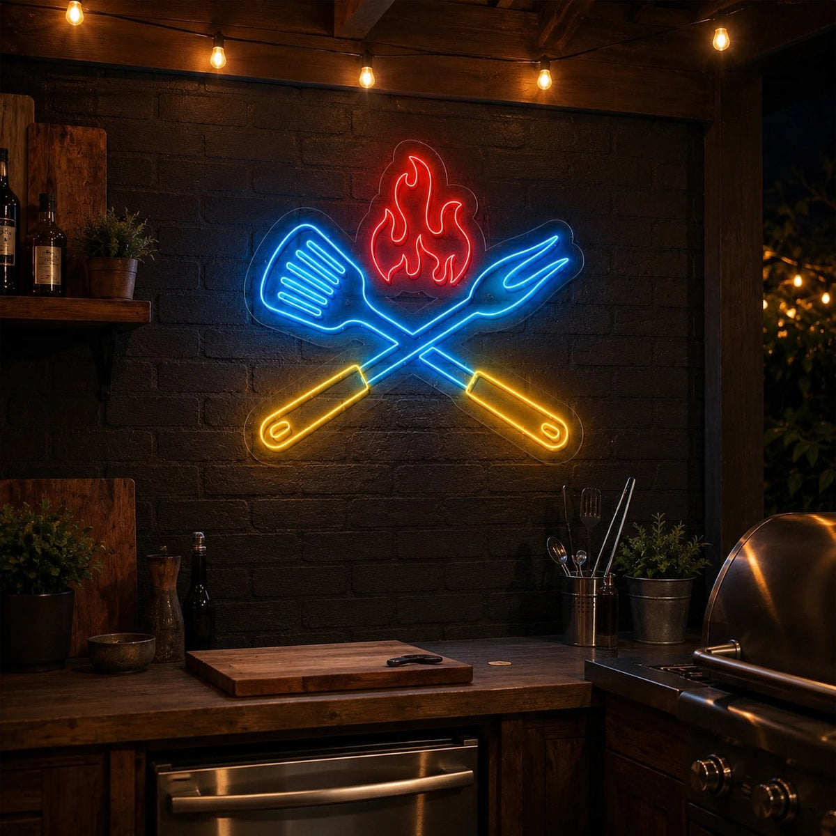 Barbecue Spatula Fork And Flame LED Neon Sign - Shineneon