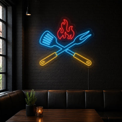 Barbecue Spatula Fork And Flame LED Neon Sign - Shineneon