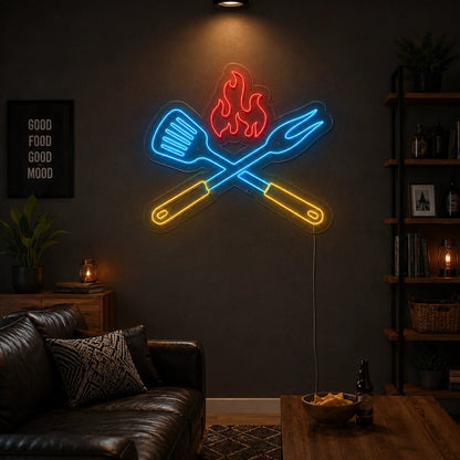 Barbecue Spatula Fork And Flame LED Neon Sign - Shineneon