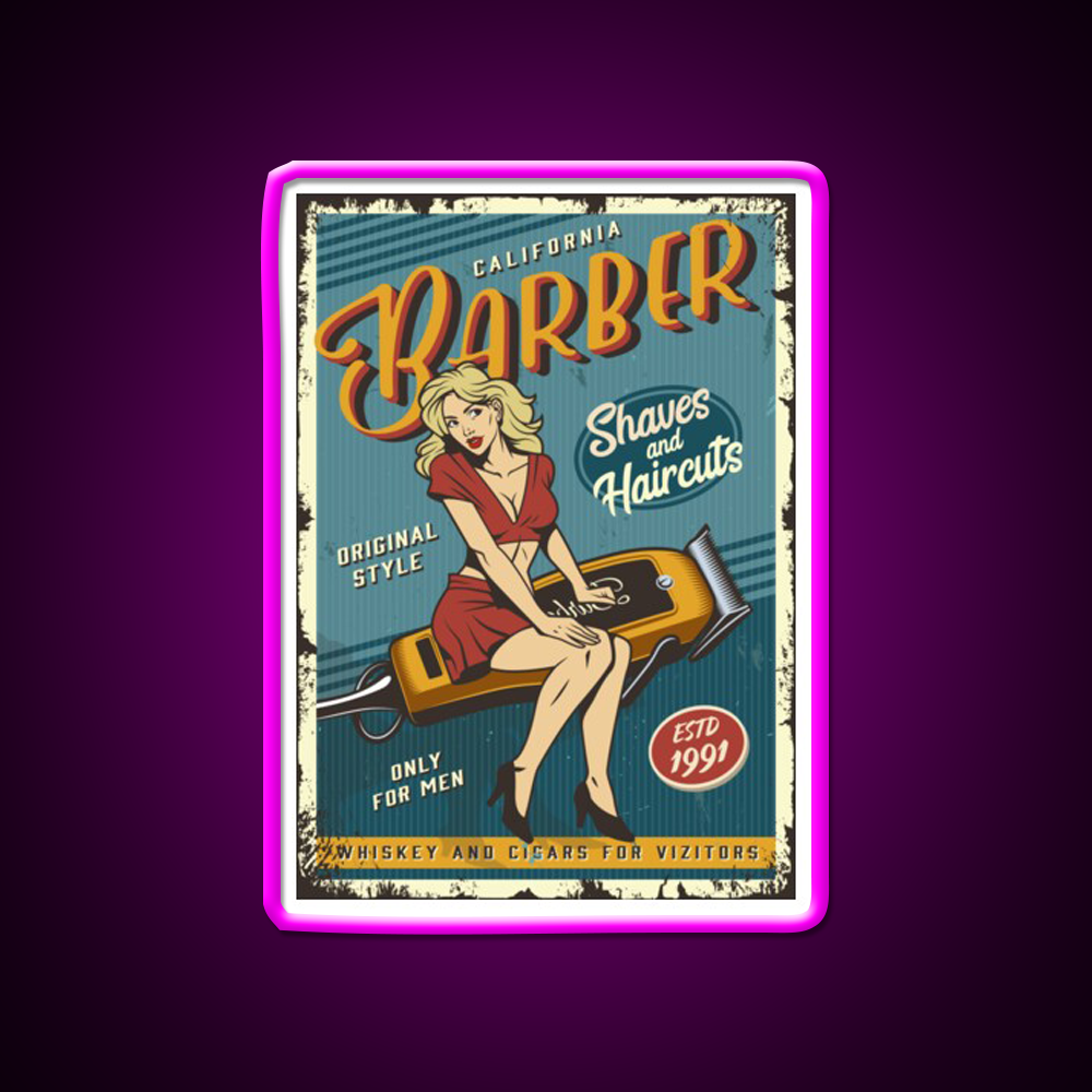 Barber Lady Vintage Poster Barber Shop Haircut Led Neon Sign - Neon sign mounted on wall in room