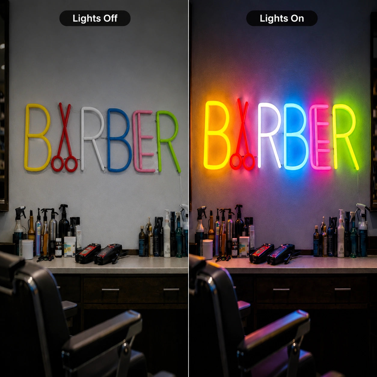 Barber LED Neon Sign Wall Neon Sign - 06 Day Night Comparison