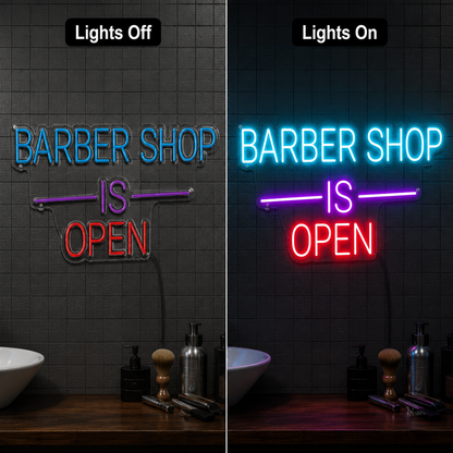 Barber Shop Is Open LED Neon Sign - 06 Day Night Comparison