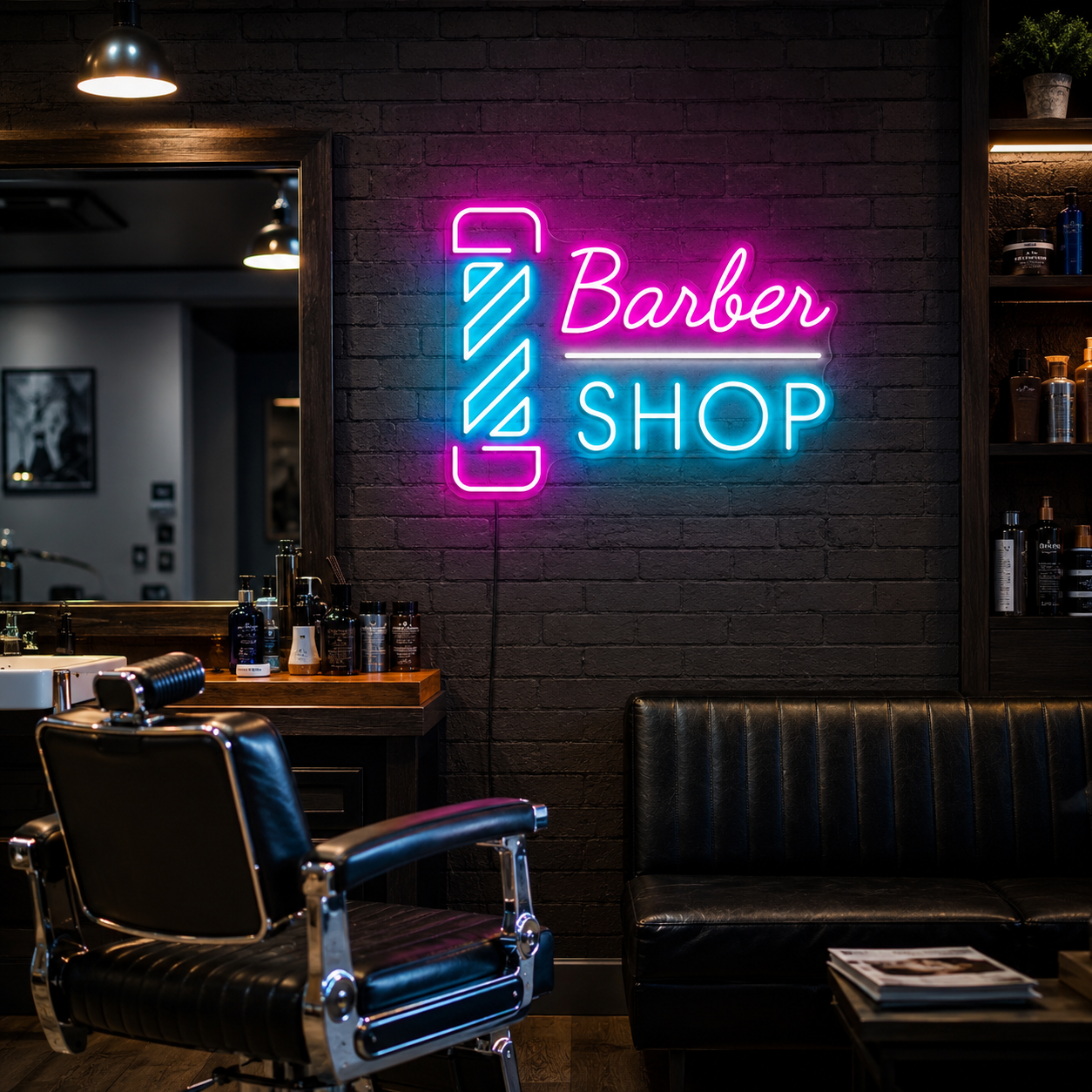 Barber Shop Next To A Couch LED Neon Sign - 03 Real Lifestyle Scene