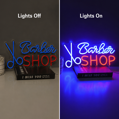 Barber Shop Wall Art LED Neon Sign - 06 Day Night Comparison