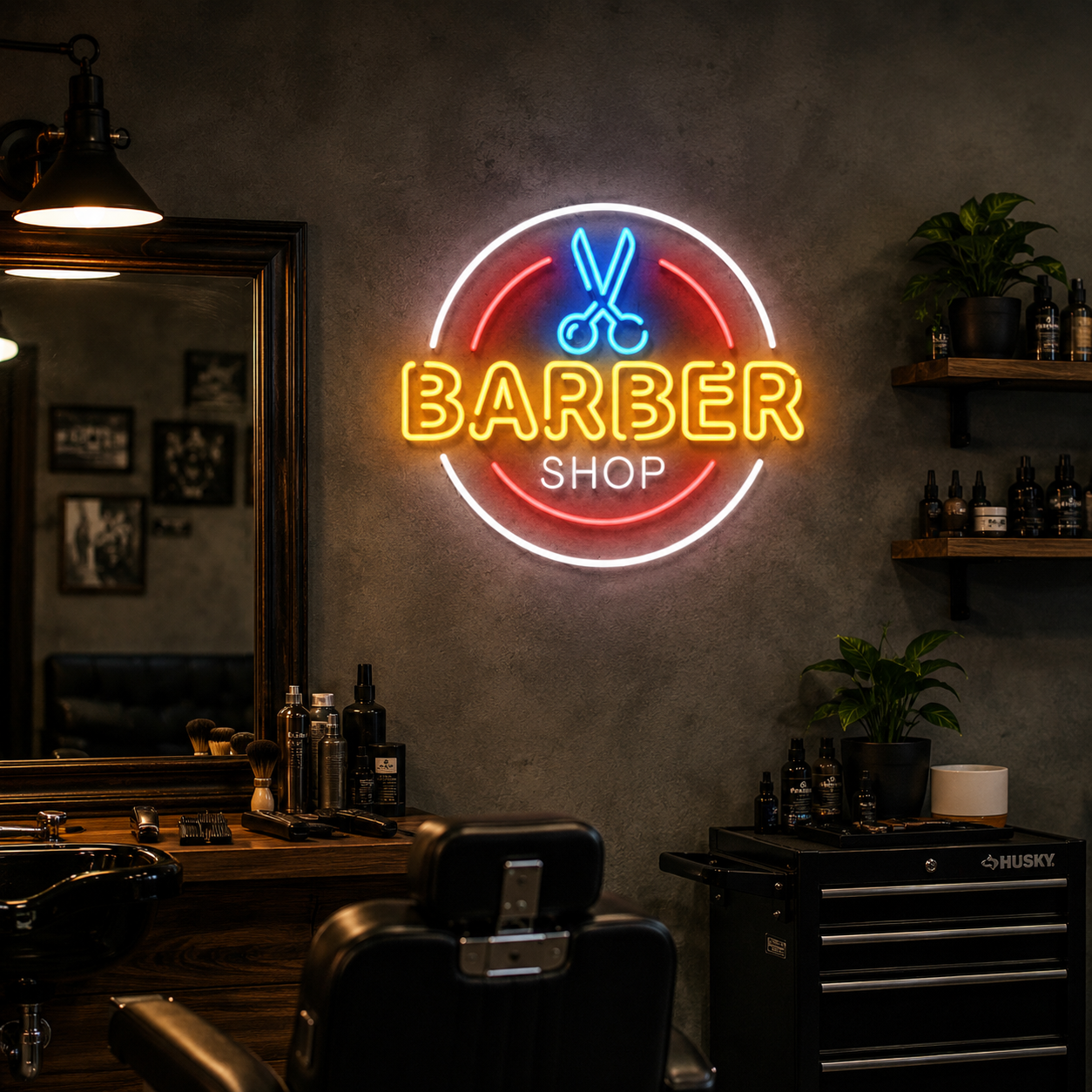 Barber Shop With Wall Decor LED Neon Sign - 03 Real Lifestyle Scene