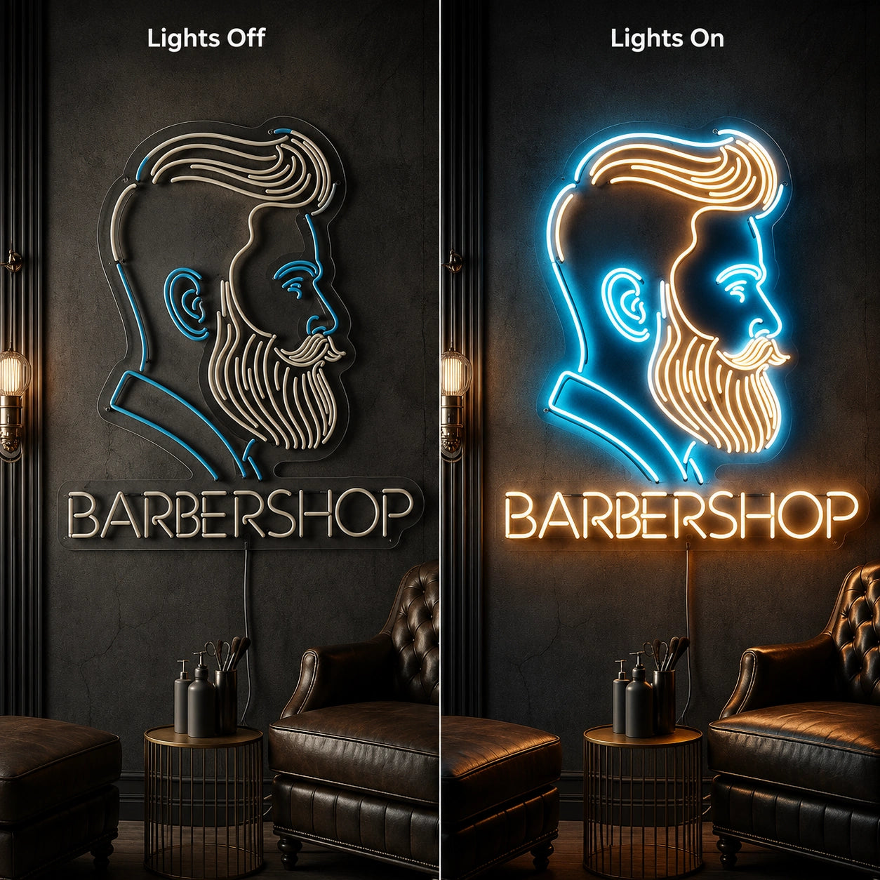 Barbershop LED Neon Sign Wall Art - 06 Day Night Comparison
