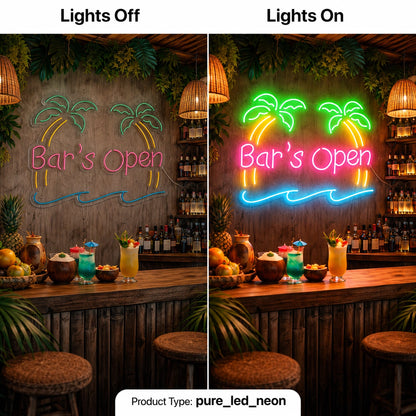 Bars Open Island Neon Sign LED Neon Sign day and night comparison
