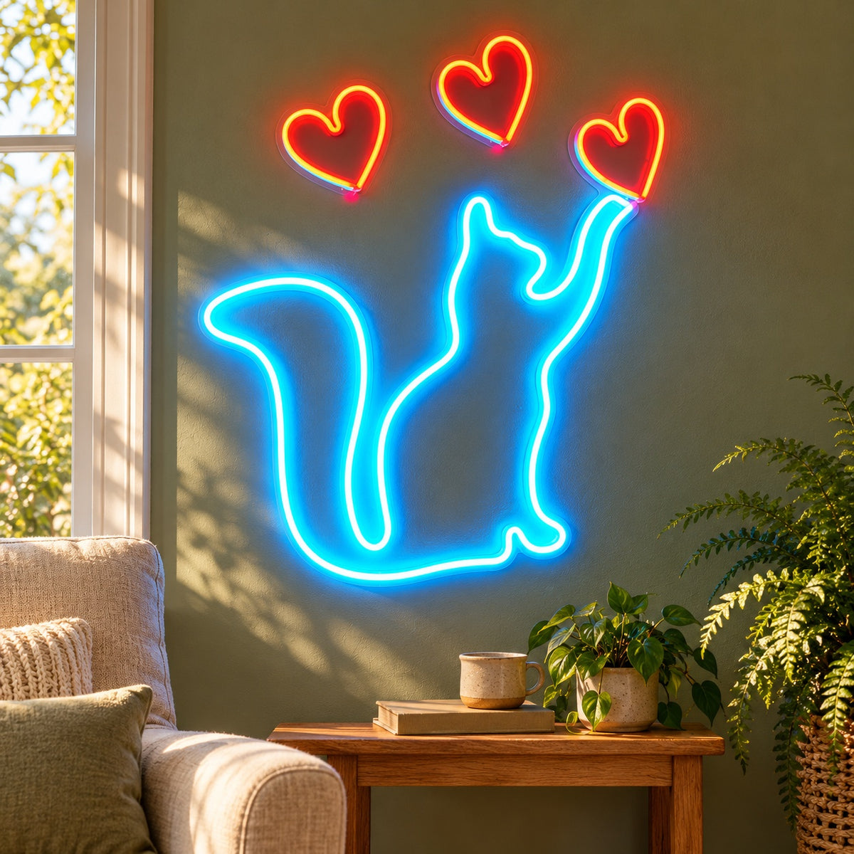 Cat With Three Hearts LED Neon Sign - lifestyle view