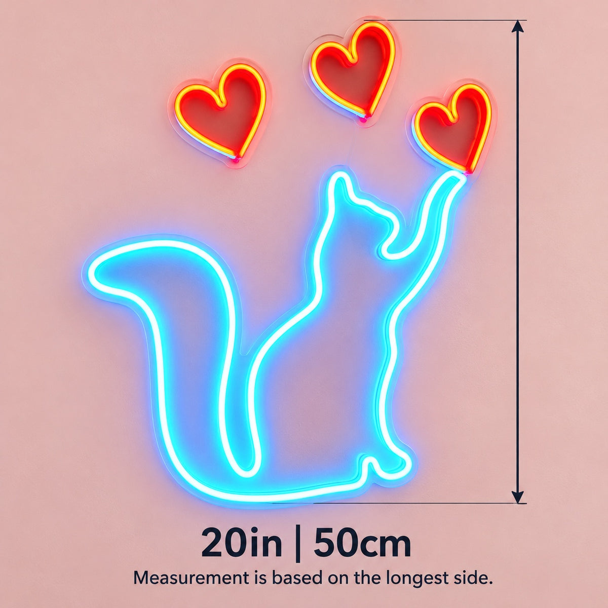 Cat With Three Hearts LED Neon Sign - size guide