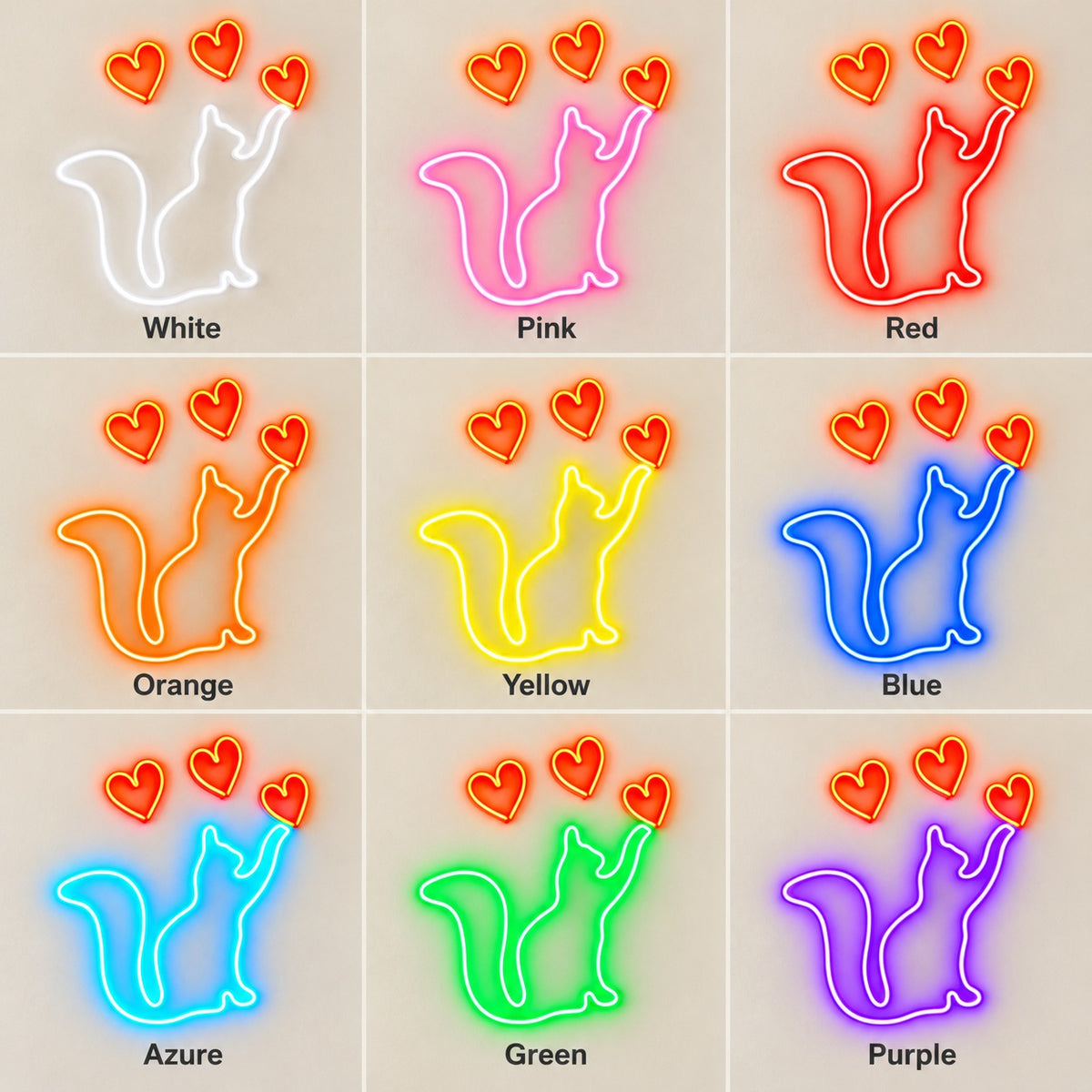Cat With Three Hearts LED Neon Sign - nine-color grid