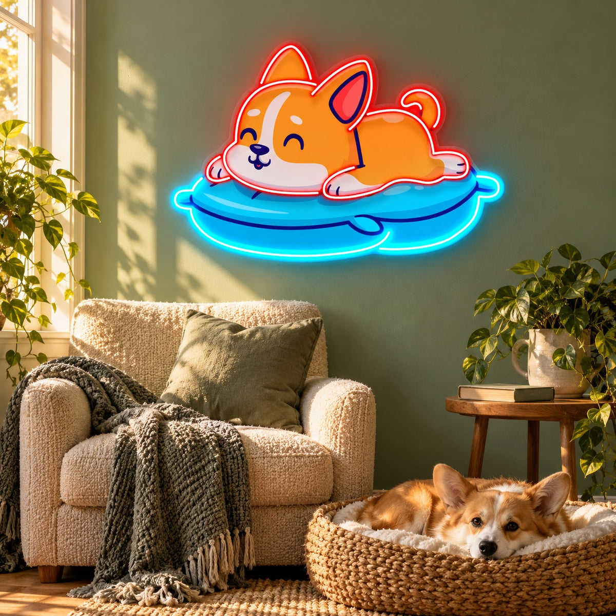 Corgi On Cushion LED Neon Sign - lifestyle view